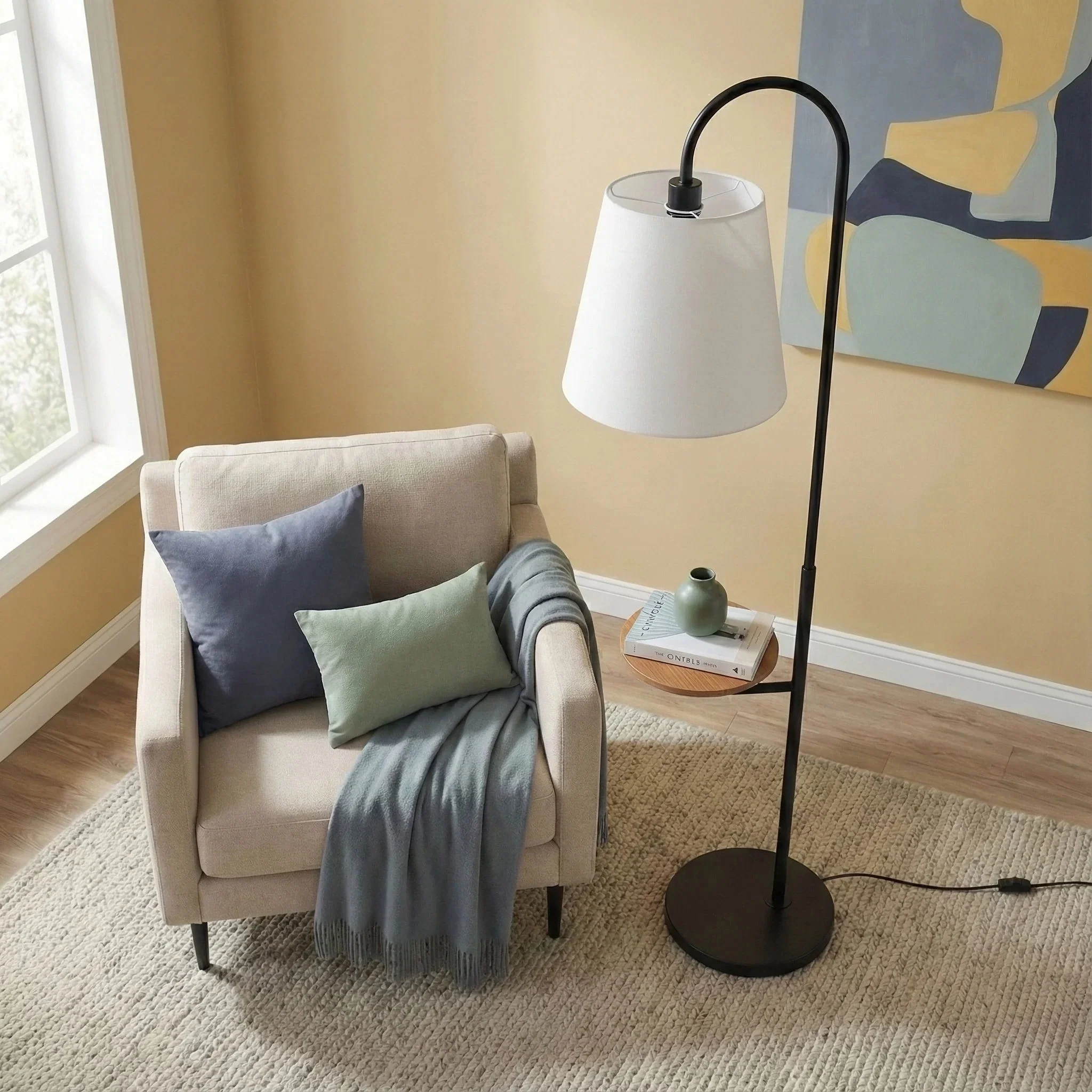 Seoul - Floor Lamp With Rotary Switch Wood Table Base - Black / White - Image 3