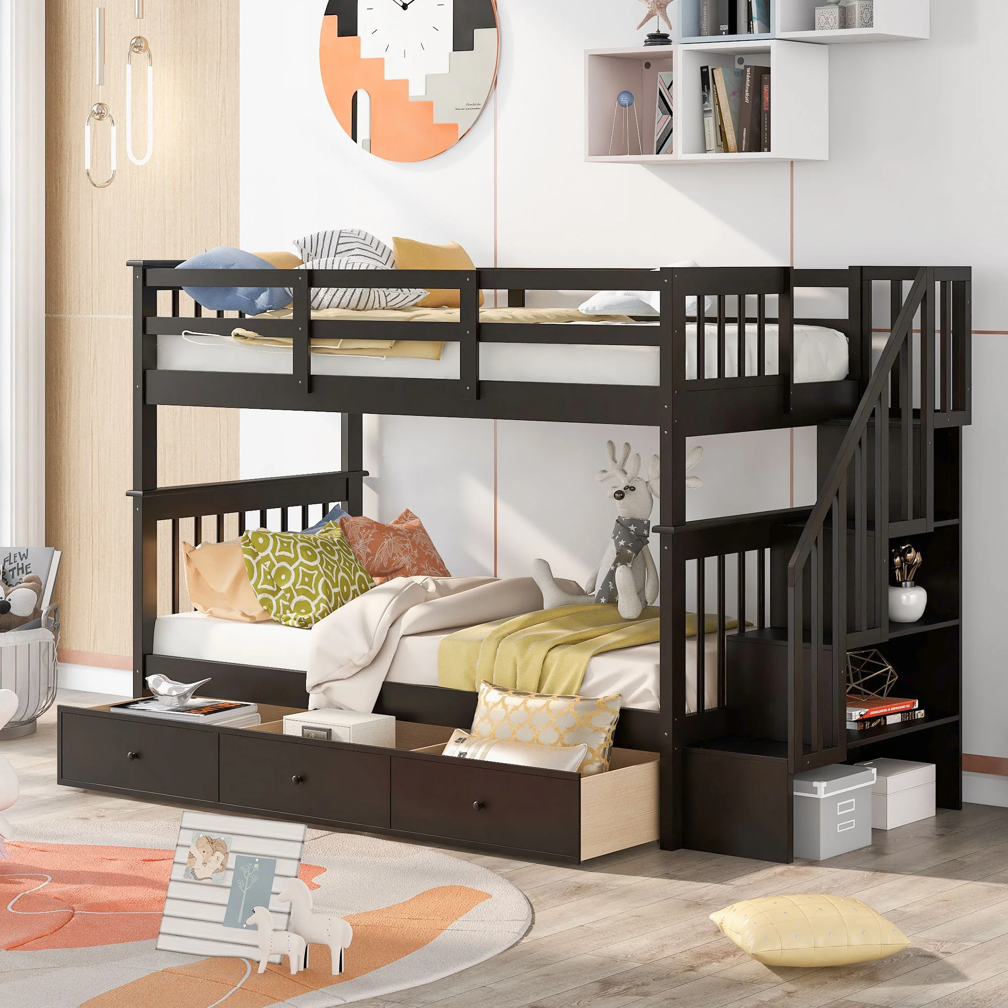 Stairway Bunk Bed With Storage And Guard Rail For Bedroom - Image 17