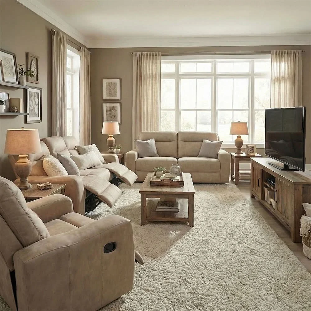 Sting Beige Manual Reclining Sofa and Loveseat Living Room Set - Image 4