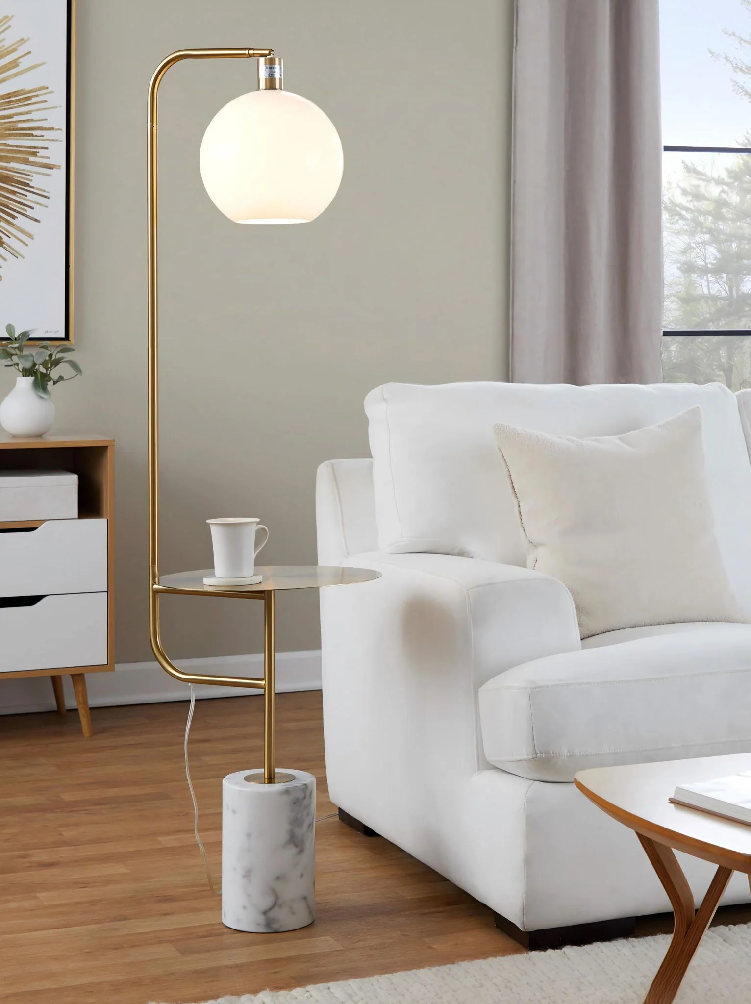 Symbol - Contemporary / Glam Floor Lamp Side Table - White Marble