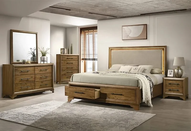 Talcott Honey Wood Platform Storage Bed with Lighted Upholstered Headboard (Queen or King) - Image 5