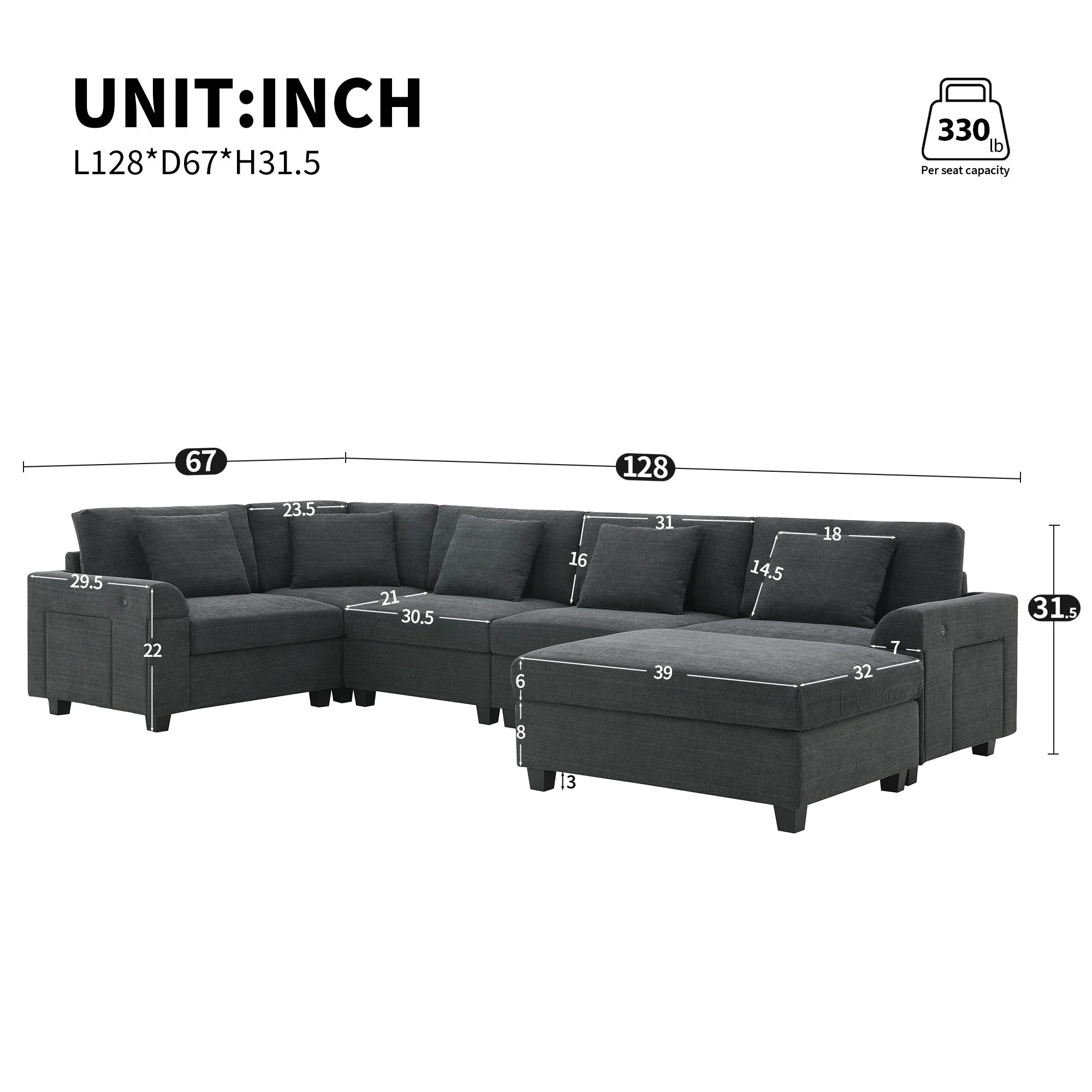 U Shaped Sectional Sofa 6 Seat Couch Set With Oversized Ottoman, Hidden Armrest Storage And Cup Holders USB Charging Ports Wide Seat Sofa - Image 2