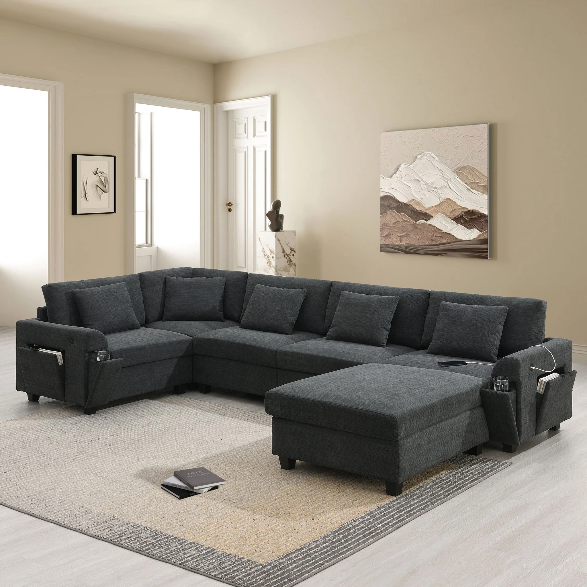 U Shaped Sectional Sofa 6 Seat Couch Set With Oversized Ottoman, Hidden Armrest Storage And Cup Holders USB Charging Ports Wide Seat Sofa - Image 4