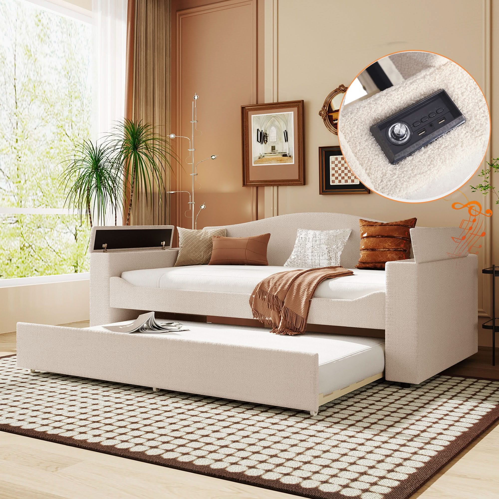 Upholstered Daybed With Storage Armrests, Trundle And Latest Integrated tooth Audio System - Image 11