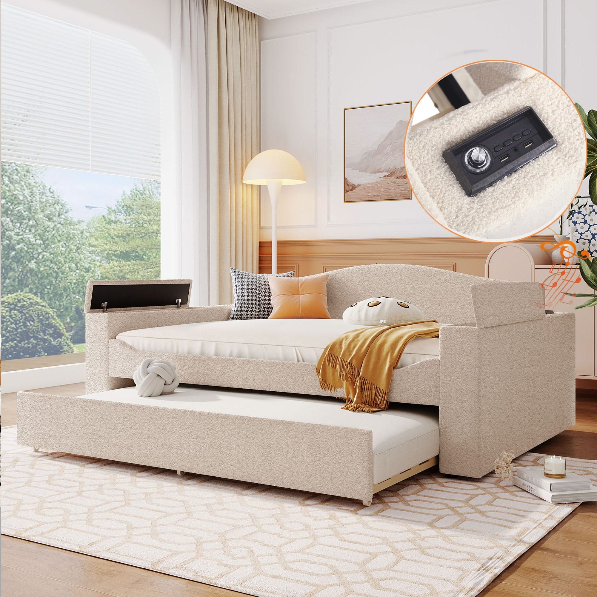 Upholstered Daybed With Storage Armrests, Trundle And Latest Integrated tooth Audio System - Image 12