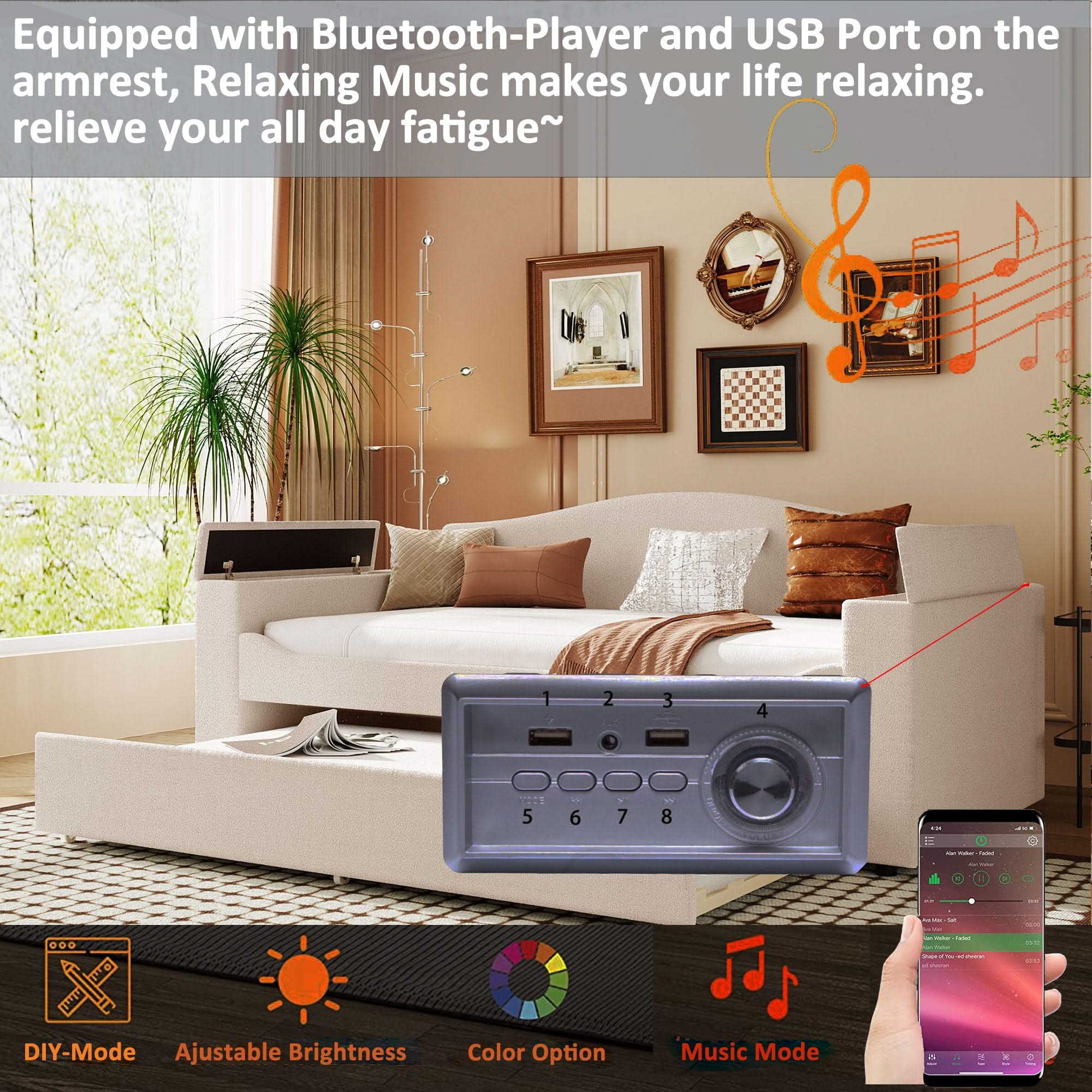 Upholstered Daybed With Storage Armrests, Trundle And Latest Integrated tooth Audio System - Image 13