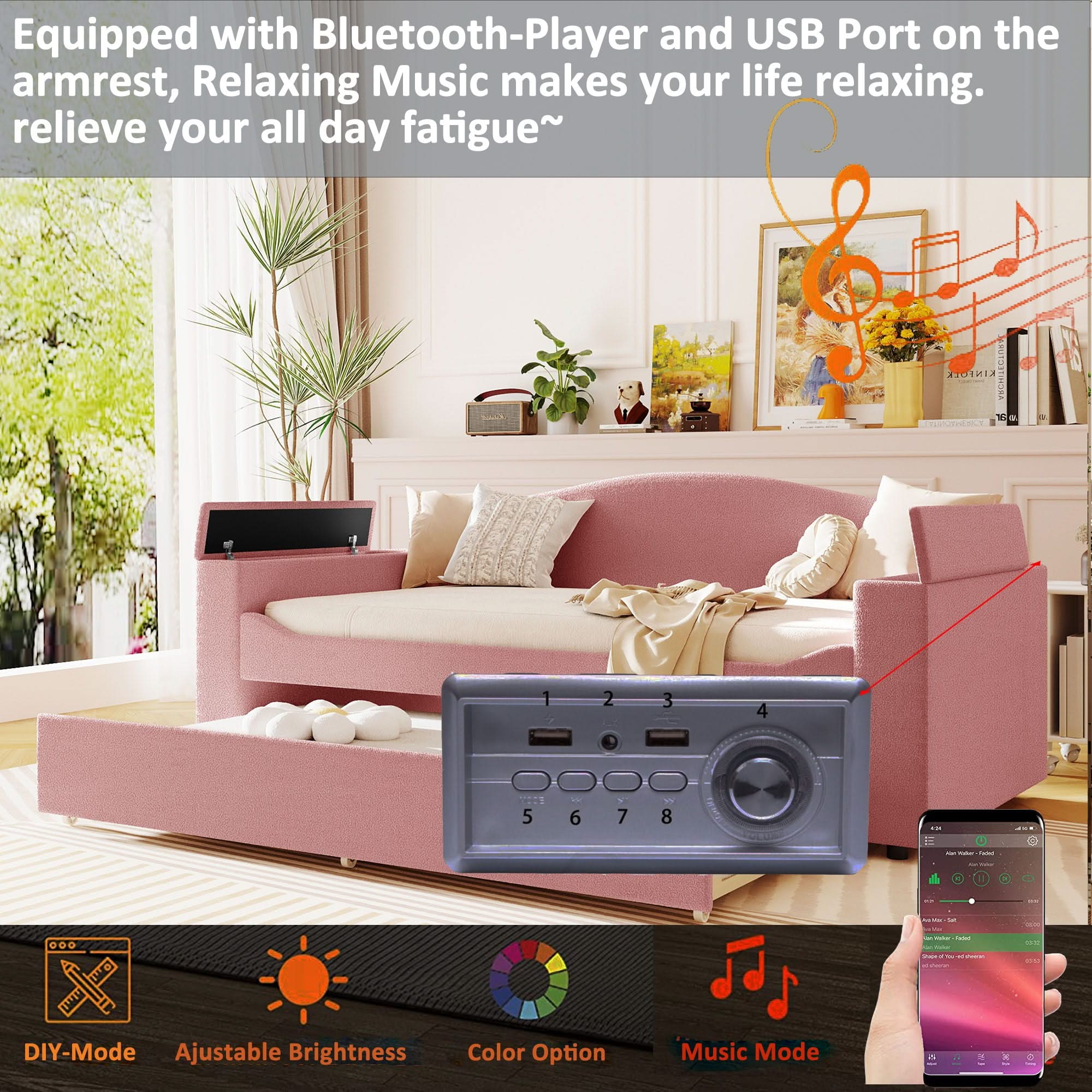 Upholstered Daybed With Storage Armrests, Trundle And Latest Integrated tooth Audio System - Image 15