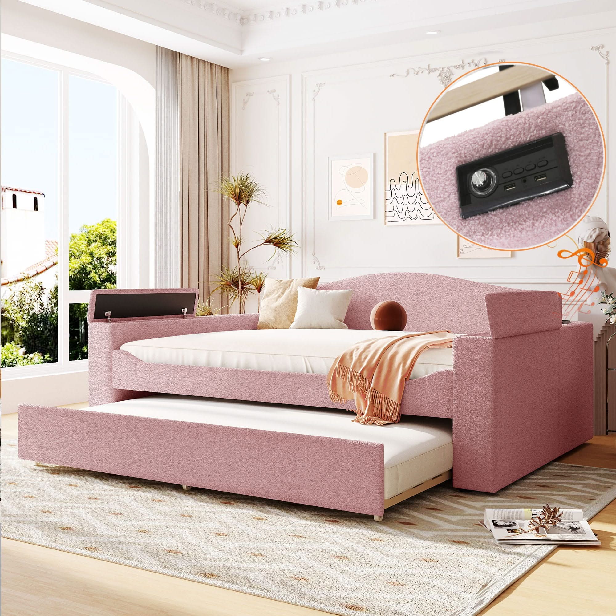 Upholstered Daybed With Storage Armrests, Trundle And Latest Integrated tooth Audio System - Image 17