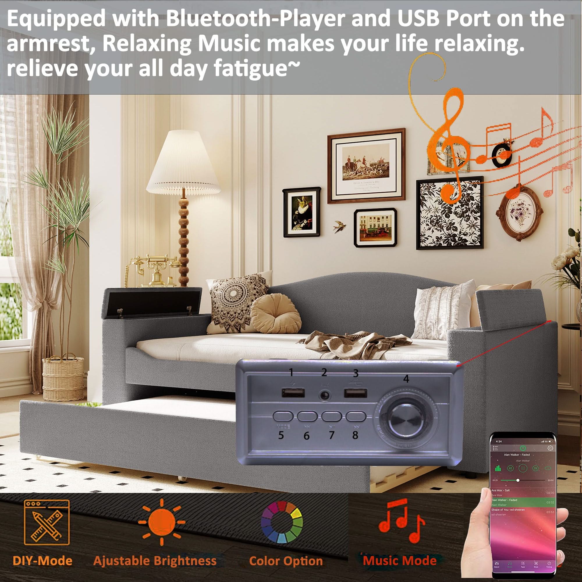 Upholstered Daybed With Storage Armrests, Trundle And Latest Integrated tooth Audio System - Image 22