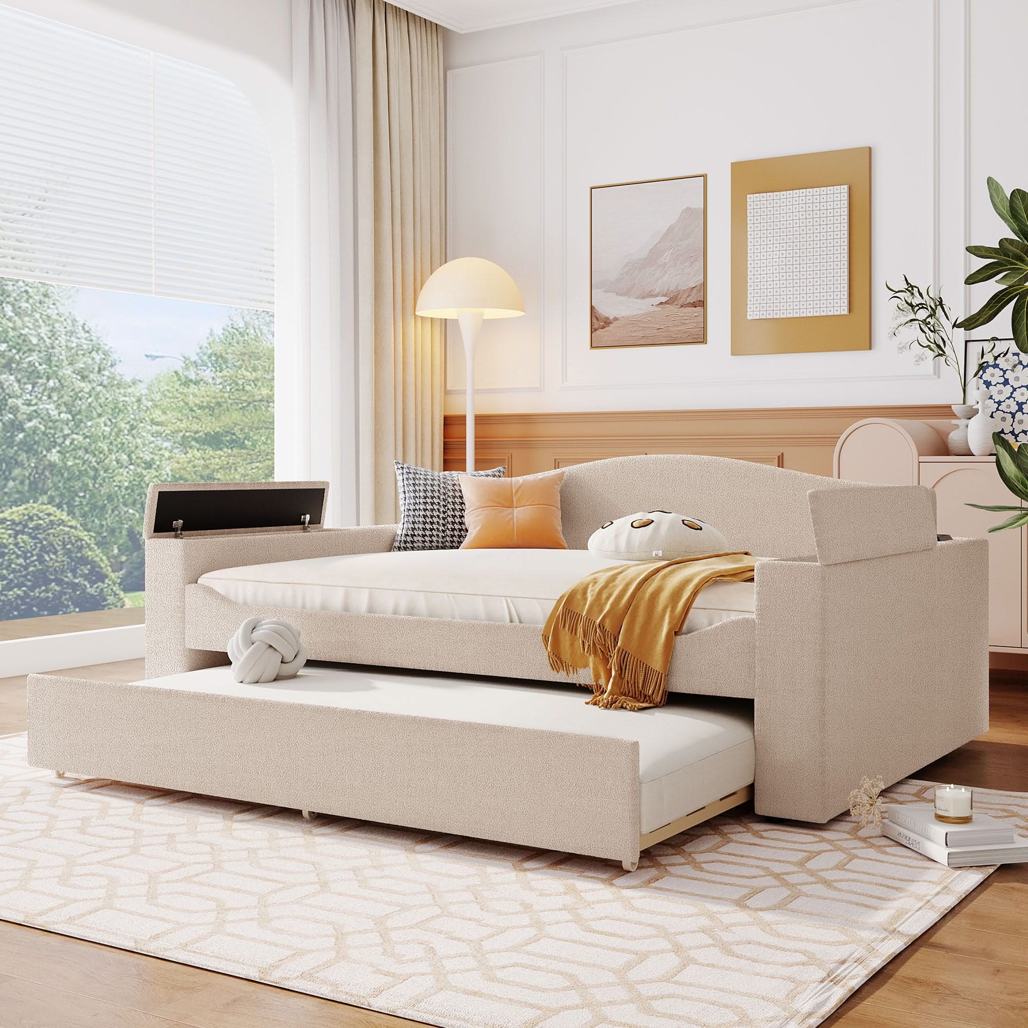 Upholstered Daybed With Storage Armrests, Trundle And Latest Integrated tooth Audio System - Image 5