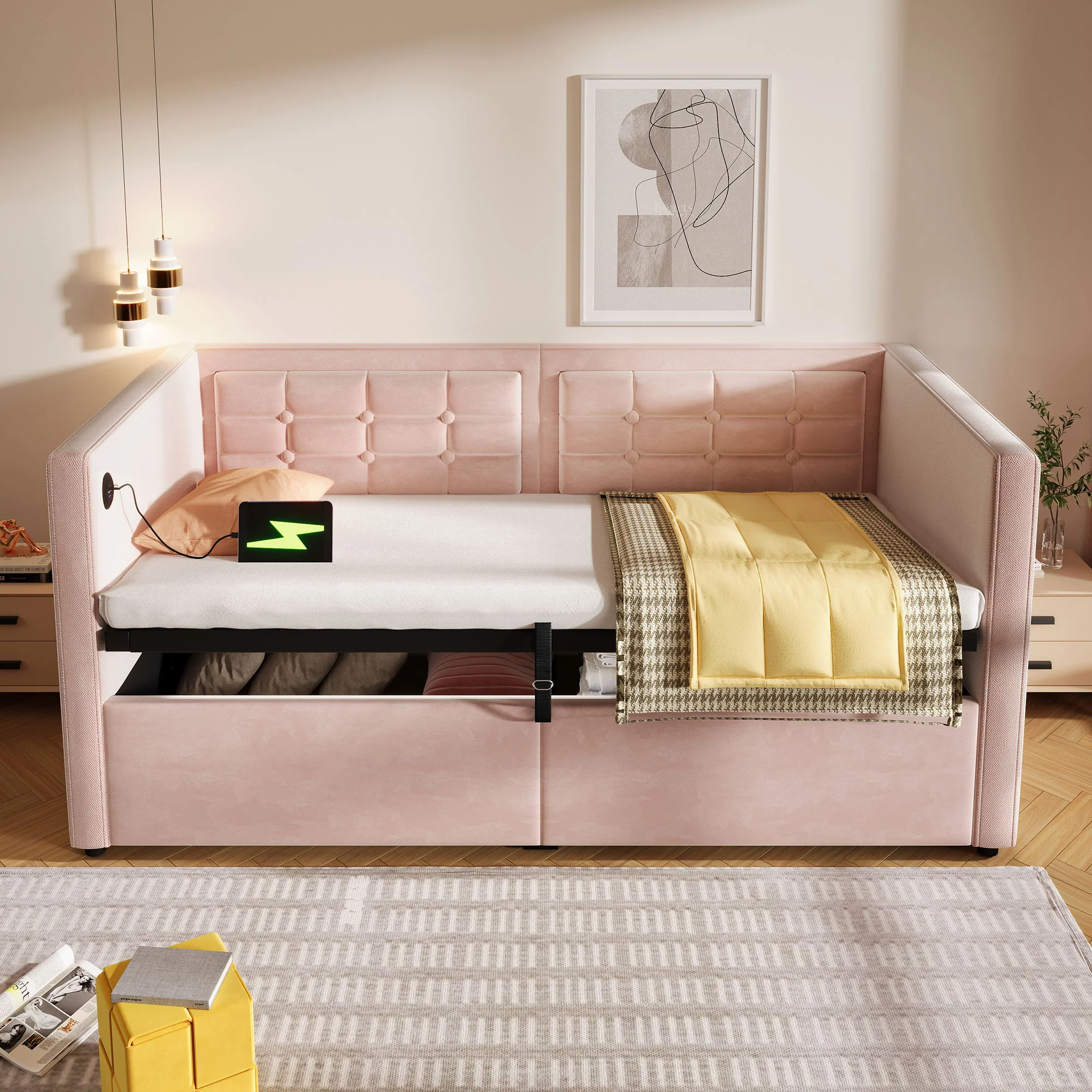 Upholstered Hydraulic Storage Daybed With USB & Type C Charging - Image 10