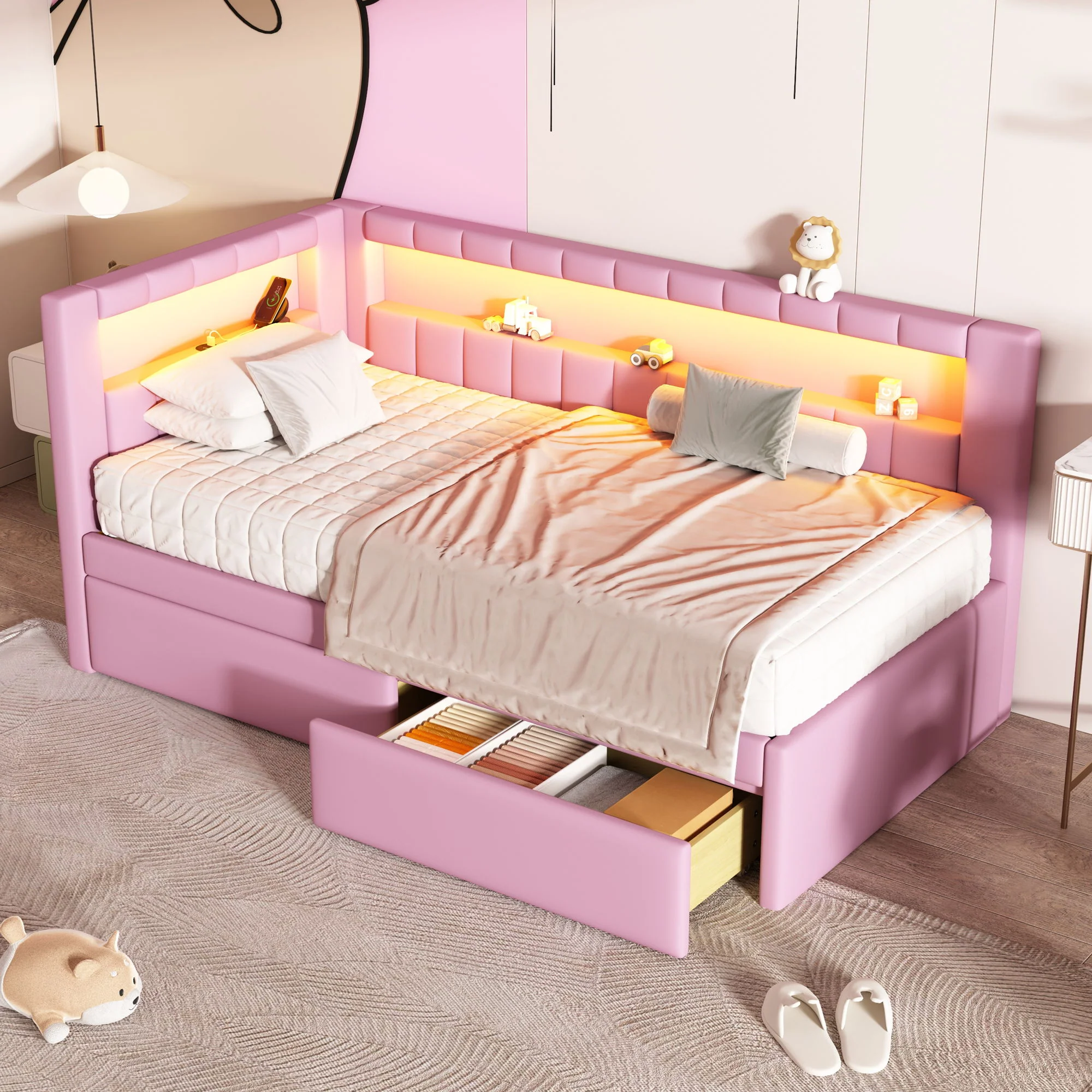 Upholstered Platform Bed With USB Ports And LED Belt - Image 11