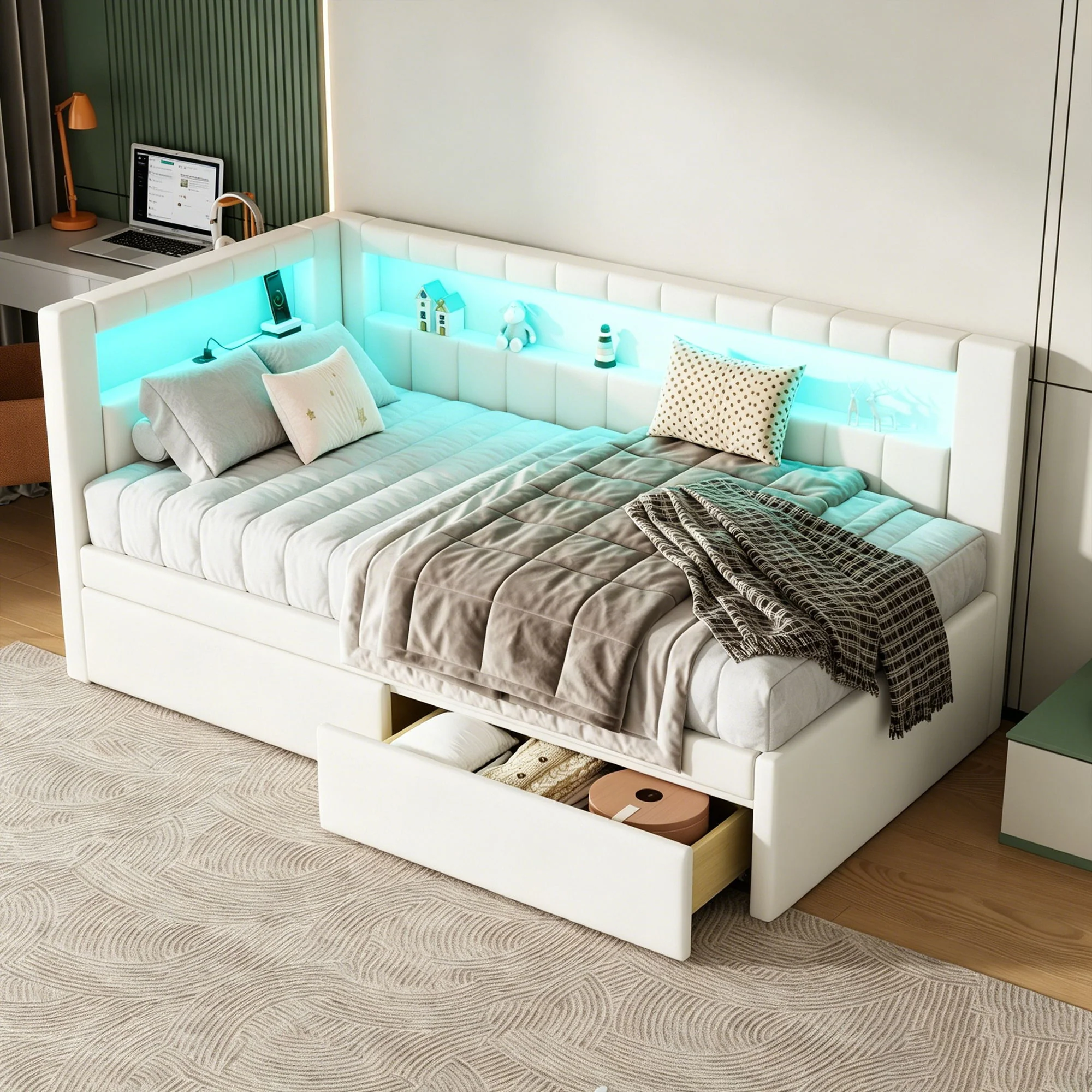 Upholstered Platform Bed With USB Ports And LED Belt - Image 17