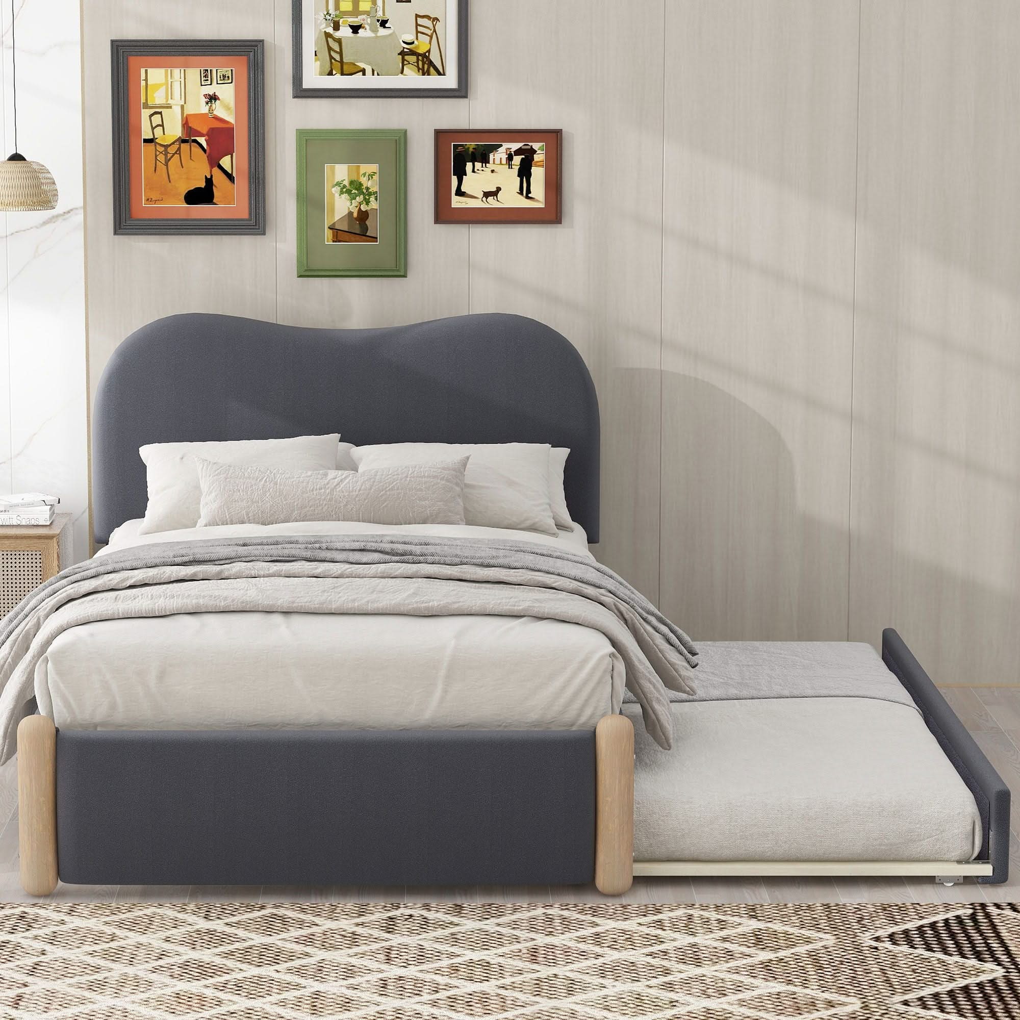 Upholstered Platform Bed With Wood Supporting Feet And Trundle - Image 4