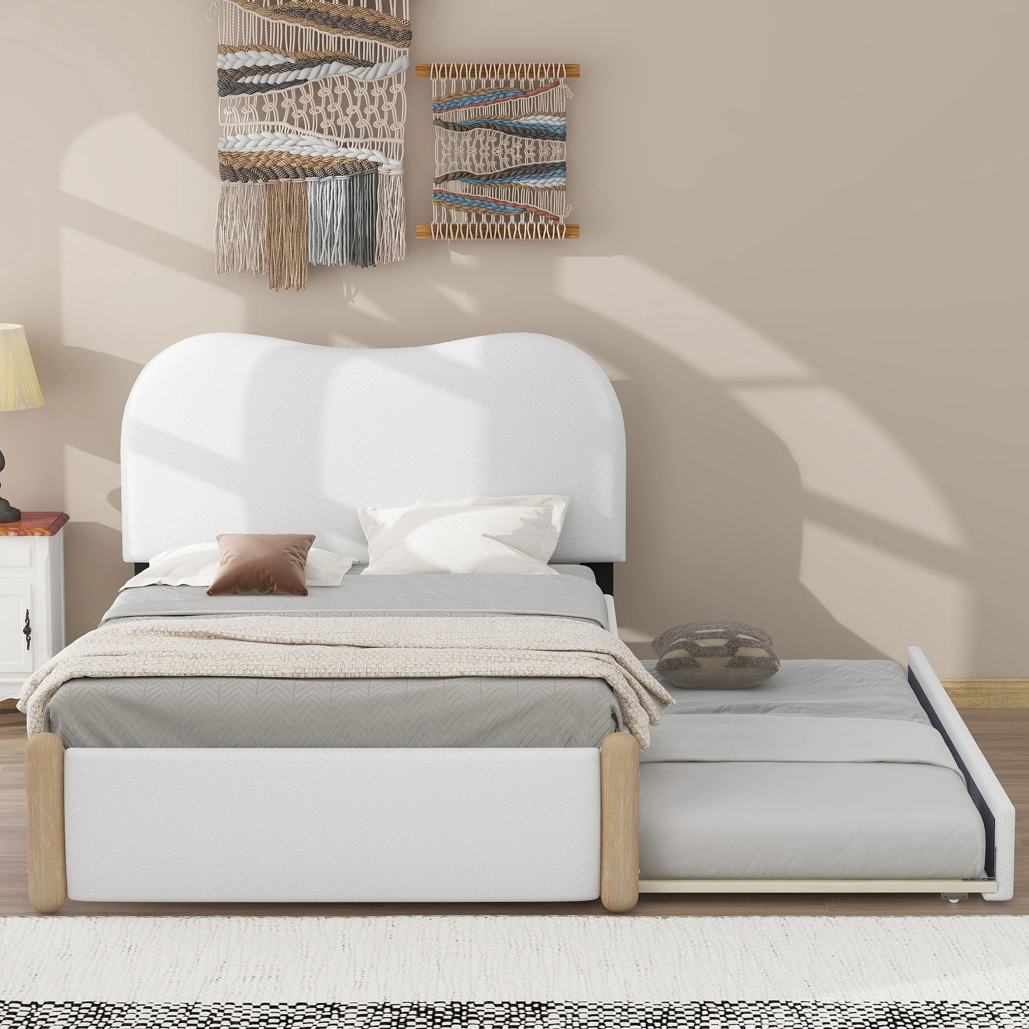 Upholstered Platform Bed With Wood Supporting Feet And Trundle - Image 9
