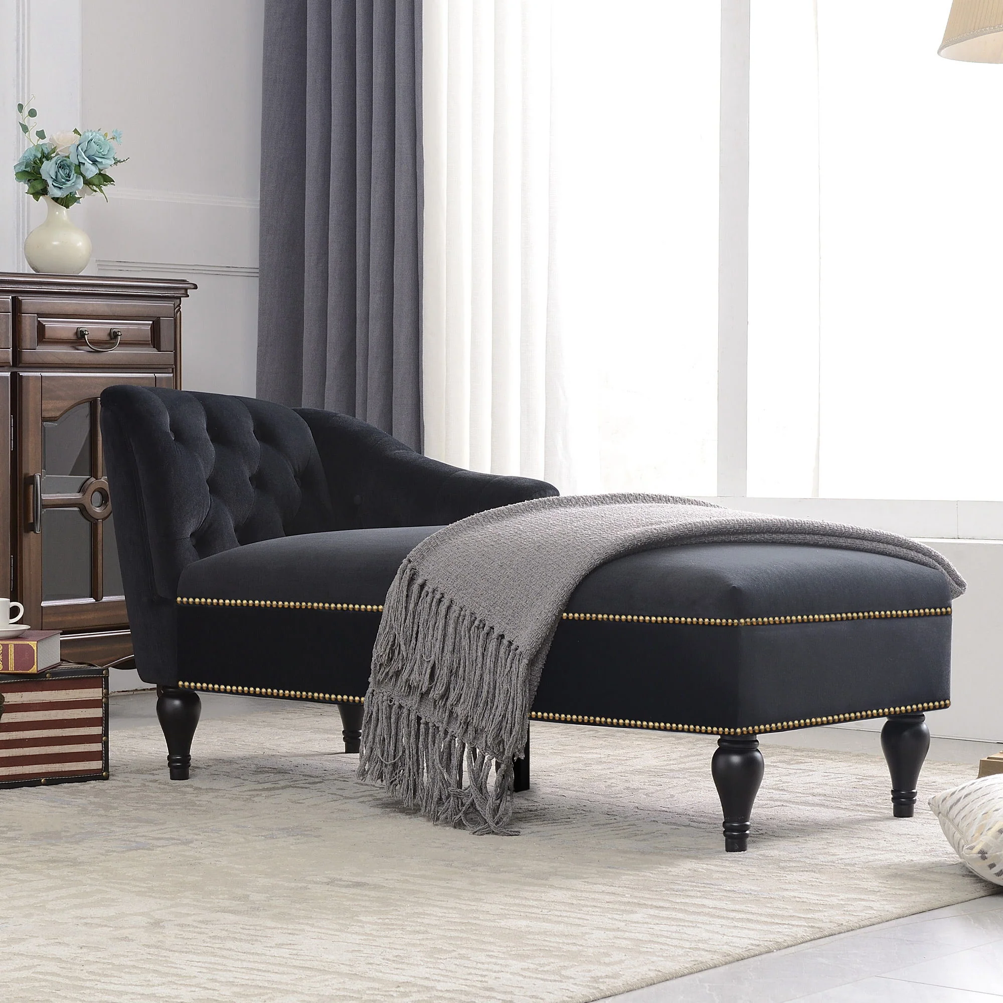 Velvet Chaise Lounge, Button Tufted Right Arm Facing Lounge Chair With Nailhead Trim For Living Room - Black - Image 3