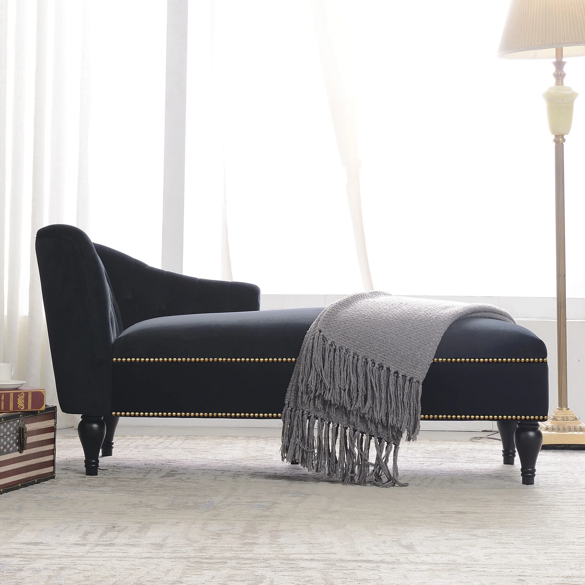 Velvet Chaise Lounge, Button Tufted Right Arm Facing Lounge Chair With Nailhead Trim For Living Room - Black - Image 4