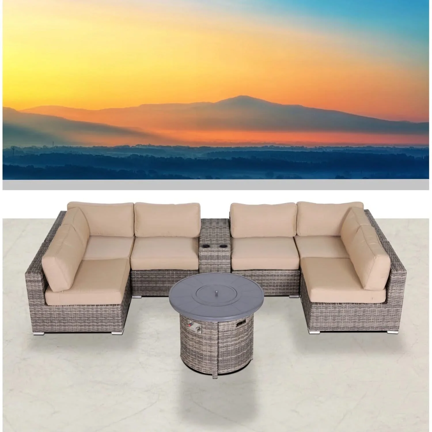 Wicker Outdoor Lounge Set With Cushions And Fire Pit - Image 11