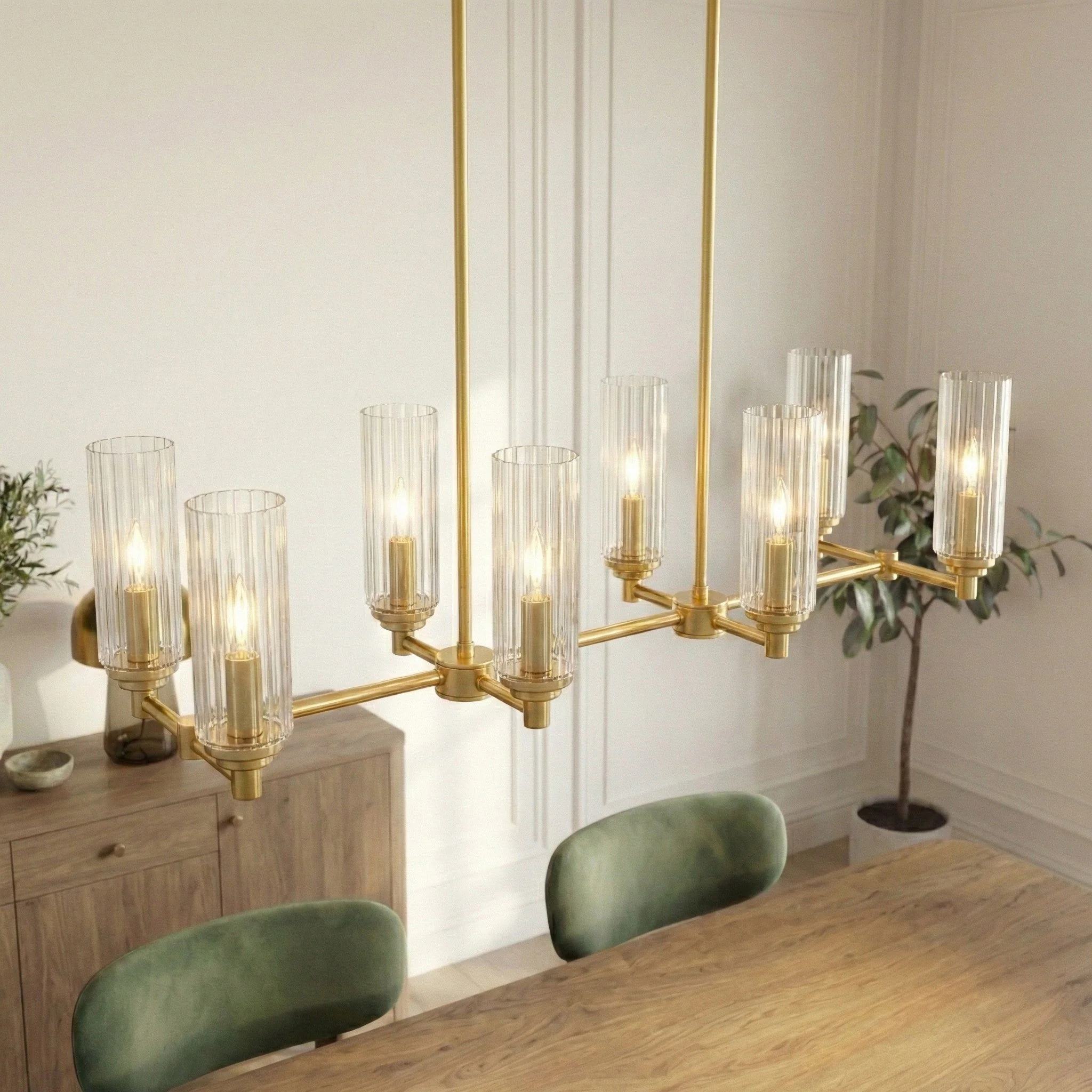 Willow - 8 Lights Island With Clear Ribbed Pendant Lamp Satin - Antique Brass / Clear / Gold - Image 3